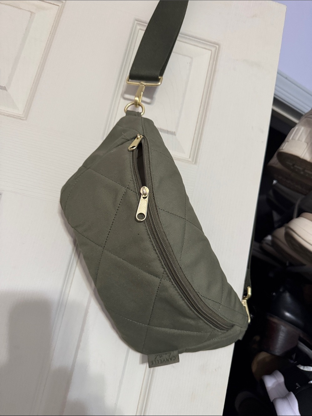 CANVELLE Quilted Olive Crossbody Sling Bag with Gold Hardware perfect condition